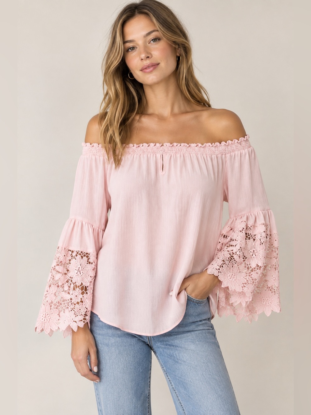 Joseph Ribkoff Pink Off The Shoulder Crochet Floral Lace Sleeve Blouse size 10